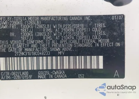 2008 Lexus Rx 350 z USA, uszkodzony, nr VIN 2T2HK31U18C048233